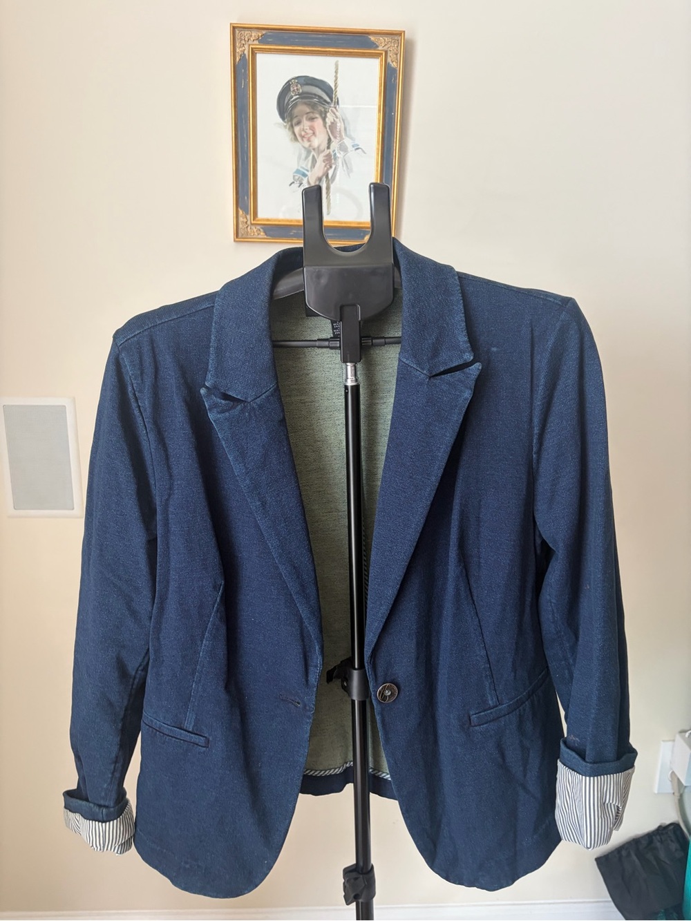 Style & Co Jeans Indigo Denim Knit Blazer L One Button Striped Cuff Stretch